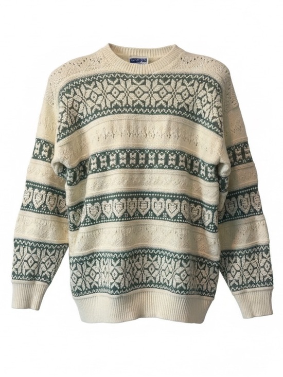 Vintage Sweaters - Vintage Cream Semi Open Knit Pullover Sweater Hearts Snowflakes Longline